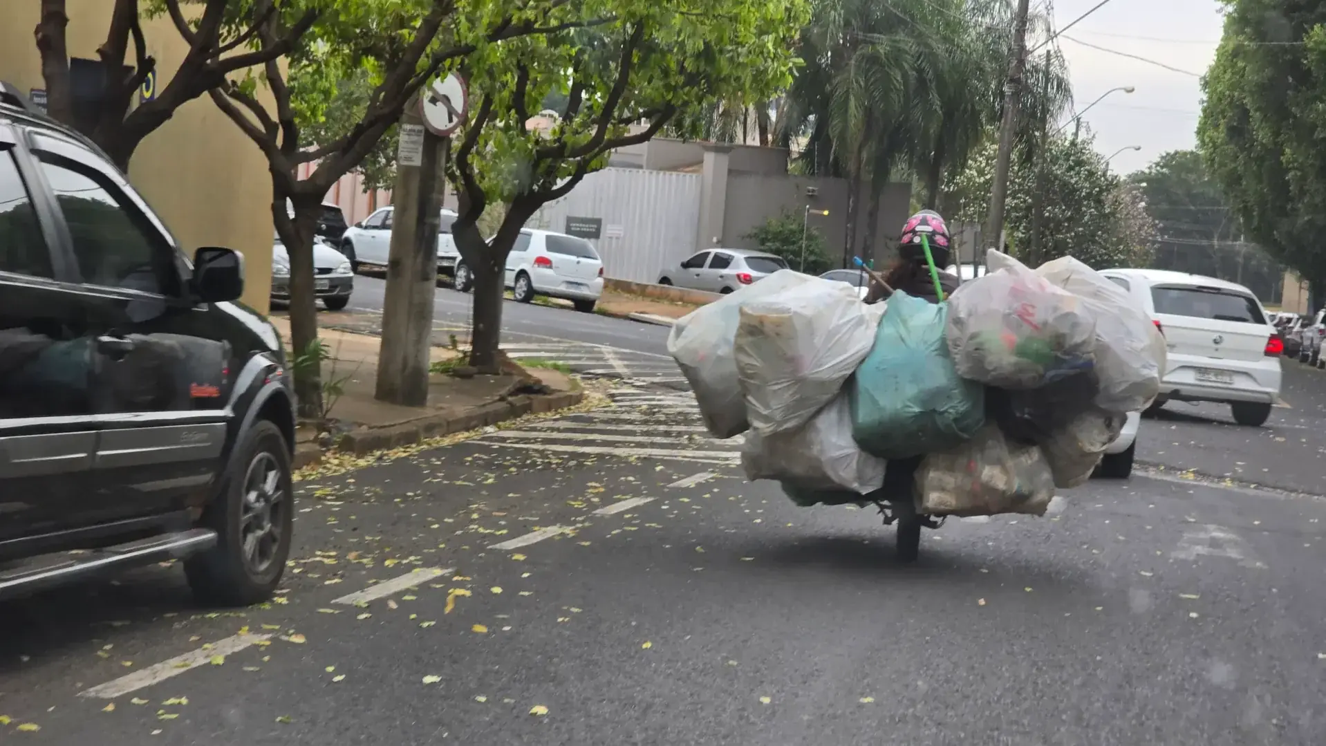 Mulher transportando ao menos 10 sacos de recicláveis em ruas de Rio Preto (Edvaldo Santos 5/8/2025)