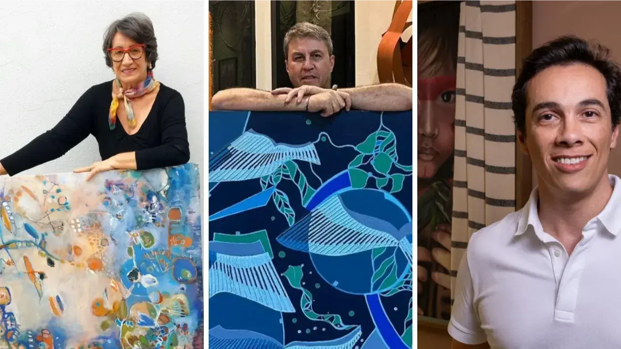 Eliara Bevilacqua, com a obra “Jardim”; Beto Carrazone e sua obra “Entre o Voo e o Silêncio”; e Rodrigo Motta com a obra “Eu Vejo Você” (Arquivo pessoal)