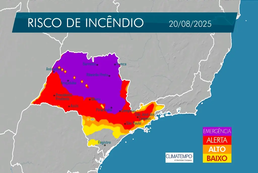 Mapa da Defesa Civil aponta áreas com risco de incêndio: cor roxa é a com mais risco (Reprodução)