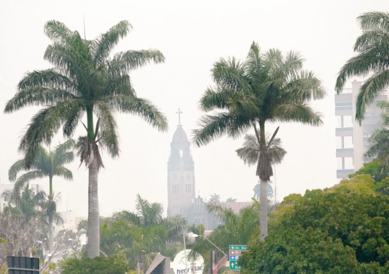 Vista da Basílica de Rio Preto, no bairro Boa Vista, com céu acinzentado pela poluição do ar (Toninho Cury/Colaboração)