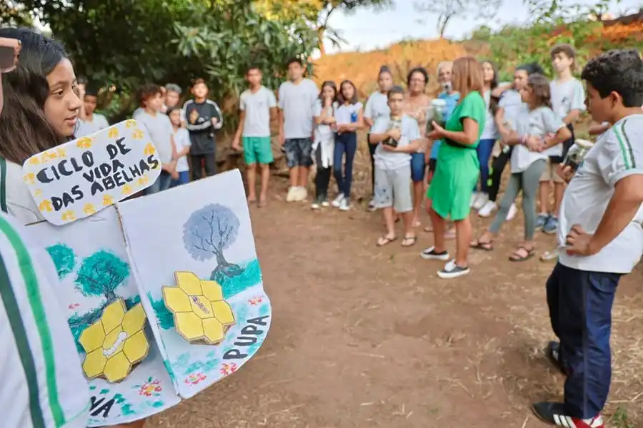 Alunos da escola Alzira Rolemberg durante o projeto, que acontece às margens do córrego Piedadinha, em Rio Preto (Divulgação)