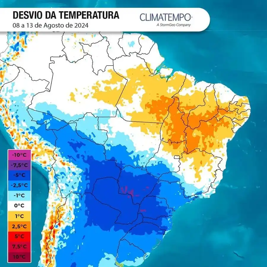 Mapa mostra que a frente fria (em azul) vai chegar a grande parte do País, incluindo a região (Reprodução)