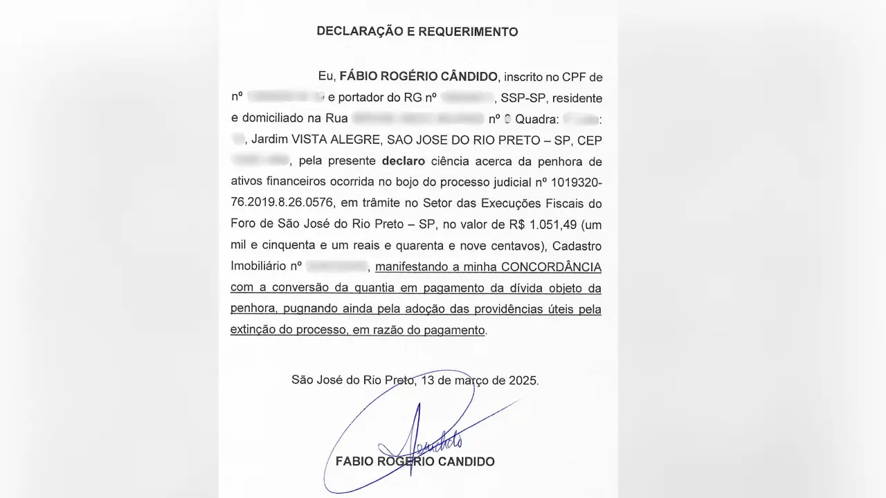 Declaração de reconhecimento da penhora, assinada pelo Coronel Fábio Cândido (Reprodução)