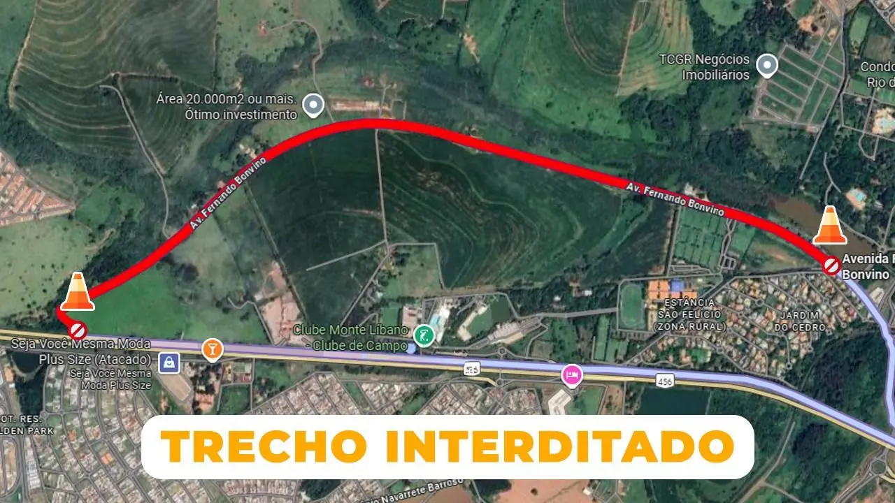 A avenida Fernando Bonvino sai na margem direita da rodovia Washington Luís, já no município de Mirassol (Reprodução)