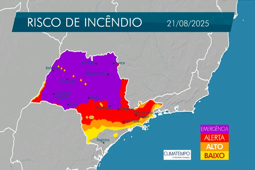 Mapa da Defesa Civil aponta áreas com risco de incêndio: cor roxa é a com mais risco (Reprodução)