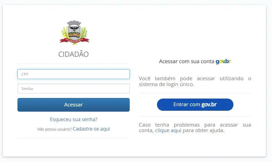 Tela inicial onde contribuinte precisa fazer login para acessar página de cadastro do IPTU digital (Reprodução)