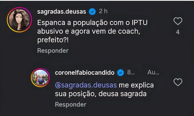 Resposta do Coronel a crítica feita em sua postagem (Reprodução/Instagram)