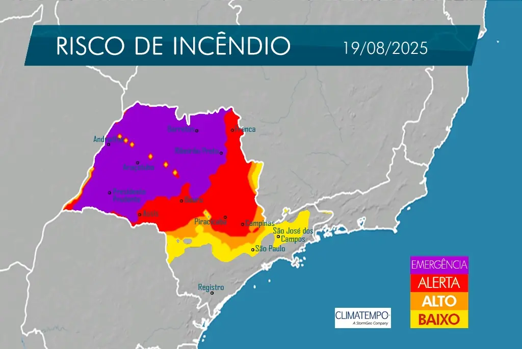 Mapa da Defesa Civil aponta áreas com risco de incêndio: cor roxa é a com mais risco (Reprodução)