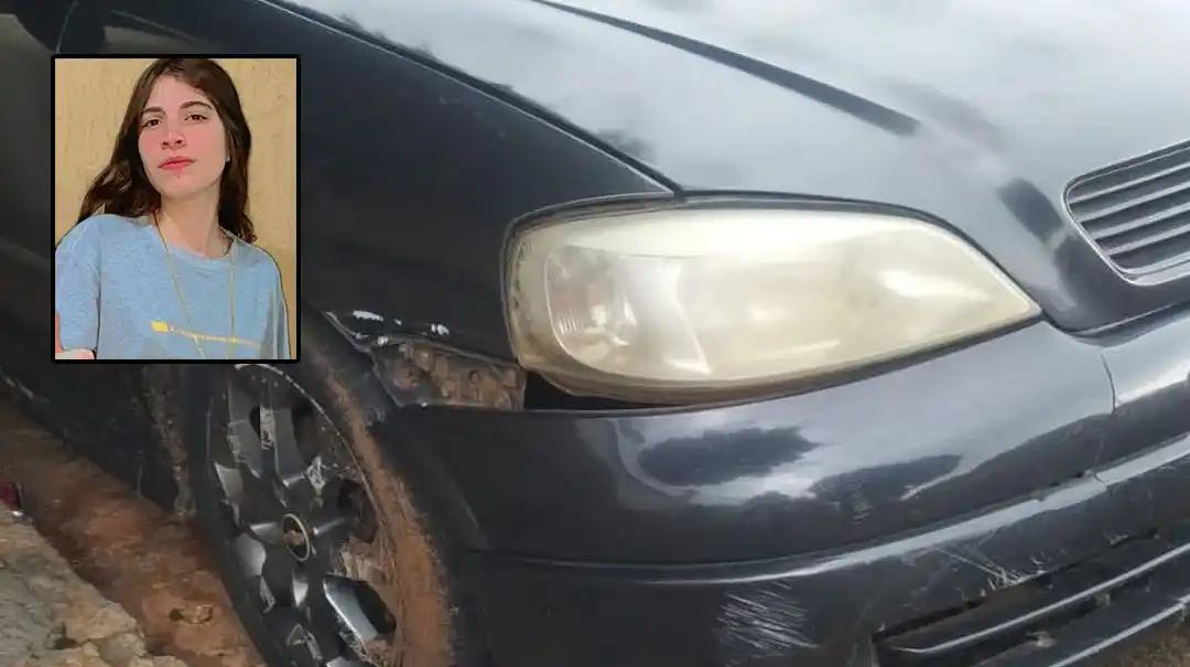 Carro localizado pela Polícia Militar tinha o para-choque dianteiro danificado; no detalhe Estefany, de 20 anos, que morreu após ser atropelada (Fotos: Divulgação/PM e Reprodução/Redes sociais)